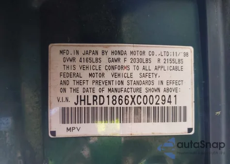 1999 Honda Cr-V Ex from USA, damaged, VIN JHLRD1866XC002941